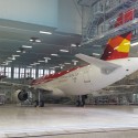 An Airbus plane sits in MAAS' Maastricht paint bay ready for a fresh coat of paint.